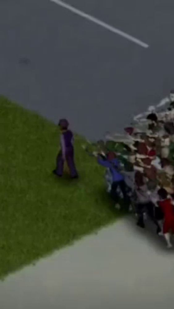 a man is walking down a grassy hill next to a group of zombies .