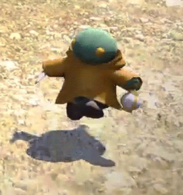 a cartoon character wearing a yellow coat and a green hat is running