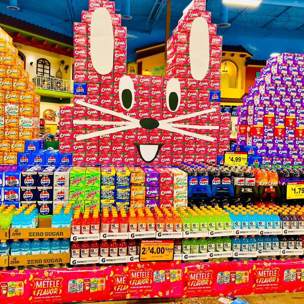 Easter bunny display made of soda boxes at Cardenas Market in Las Vegas