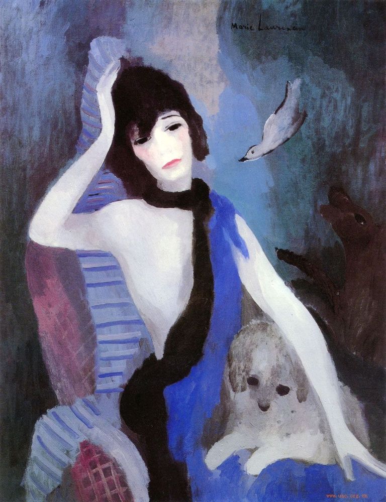 Tableau de Marie Laurencin.
Une femme alanguie assise avec un chien sur les genoux

