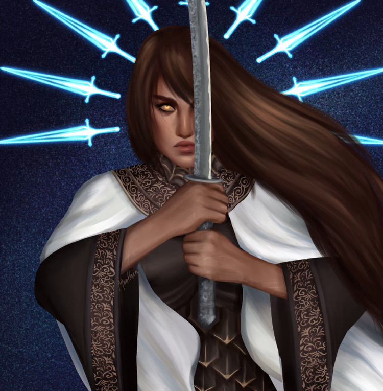 a digital drawing of a tanned woman with long brown hair, holding a silver katana vertically in both hands and staring at the viewer with a stern and determined expression. 