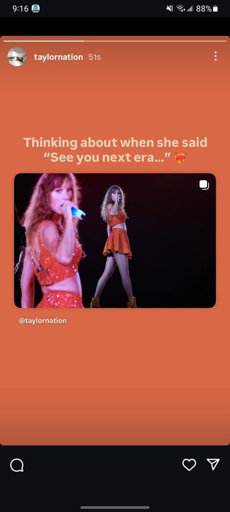 screenshot of taylor nations instagram story that has a picture of taylor in the organelles 1989 outfit and the text "thinking about when shensaid see you next era"