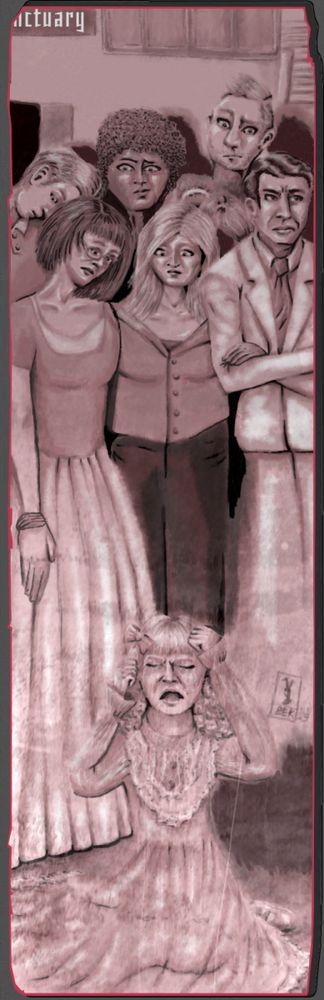 digital art in marker-like brushes and a deteriorated texture in monochrome maroon. Blonde toddler with curly hair  in a lacy dress is on the ground throwing a tantrum in a large church's atrium. Many congregants in modern clothes crowd around and watch, except a man in a light-colored suit and slicked back hair, who has an angry or annoyed expression and looks away with arms crossed in front of him.