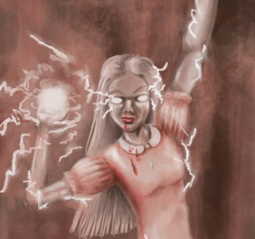 A close up of the first image, detailing the portrait area. You can see details of blood dripping out of her nose and onto her blouse as well as a small silver cross necklace.