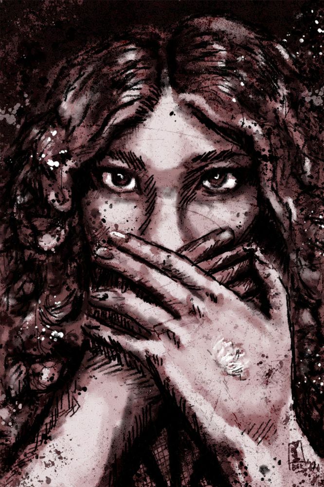 young woman close-up portrait staring at viewer. Her face takes up most of the frame and her hands cover her mouth. There's a circular scar on the back of her hand, like stigmata. Her hair's curly and center-parted. The image is scratchy, grungy and splattered. Digital style, It's maroon-tone and black.