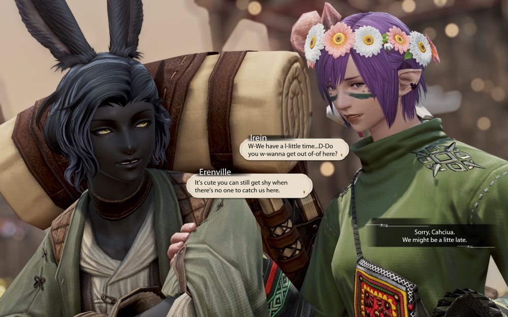 With an aside glance, biting her lip, Irein shyly reaches for Erenville's arm.

Irein: W-We have a l-little time...D-Do you w-wanna get out of-of here?

Erenville smirks at her, understanding what she's getting at.

Erenville: It's cute you can still get shy when there's no one to catch us here.

Internally, Irein thinks: Sorry, Cahciua. We might be a little late.
