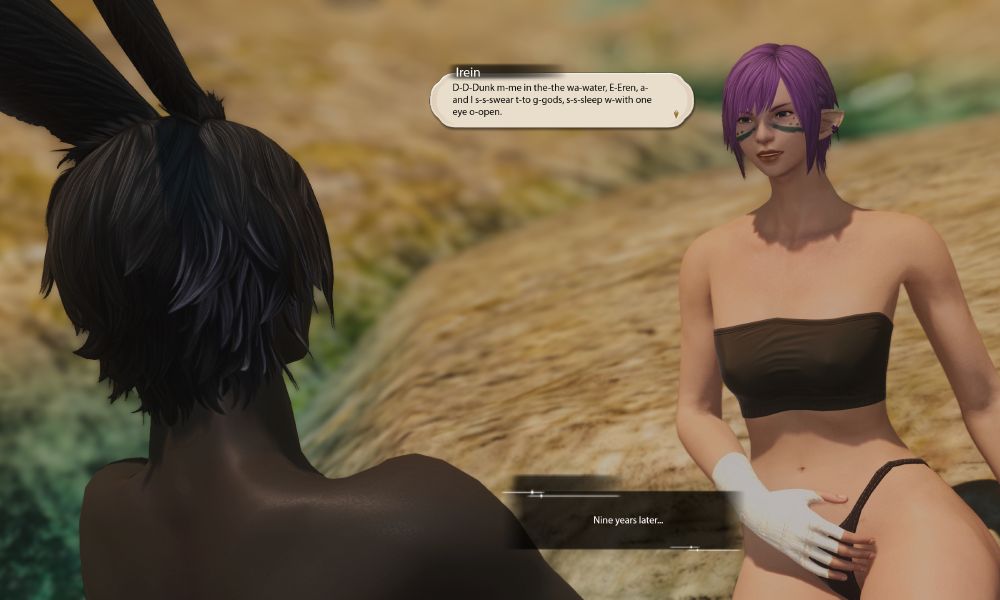 The scene shifts to nine years later on a rocky beach in Tulliyollal. Irein, sitting on a rock warily smiles at Erenville, threatening.

Irein: D-D-Dunk m-me in the-the wa-water, E-Eren, a-and I s-s-swear t-to g-gods, s-s-sleep w-with one eye o-open.