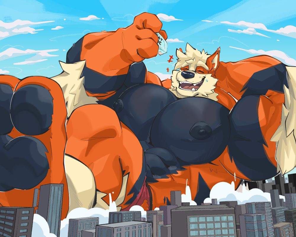 Giant Kori laying over a city while eating an "Eat Me" Cake (Alice in Wonderland cakes that makes you grow), growing from other cakes previously eaten~