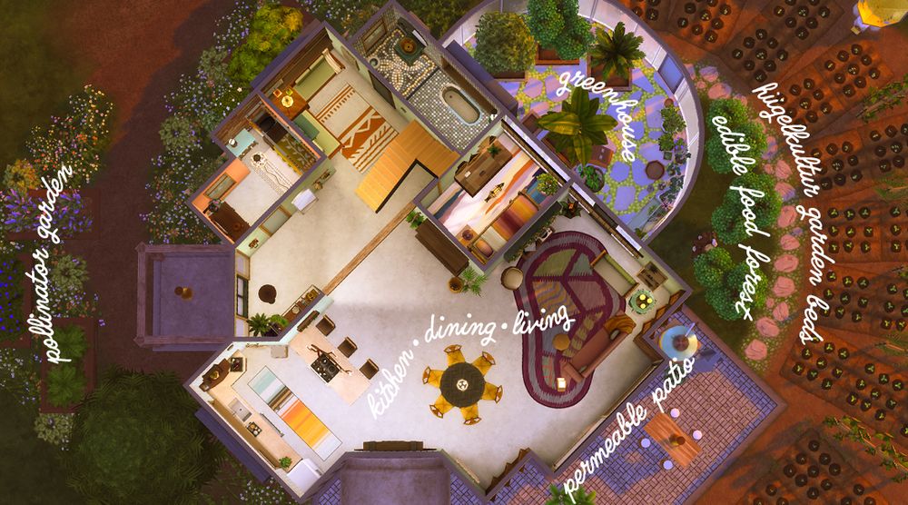 An aerial view of the first level floor plan, showing pollinator gardens, hügelkultur garden beds, part of the edible food forest, a permeable paver patio, greenhouse, open plan living, dining room, and kitchen, two small bedrooms suitable for kids or guests, a quiet meditation nook, and a bathroom. 