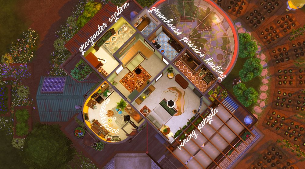 An aerial view of the second level floor plan, showing the primary bedroom with attached bathroom and patio covered by a vining pergola, an additional guest room, bathroom, and makers space. The graywater system and passive heating of the bathrooms from the greenhouse are labeled as well.