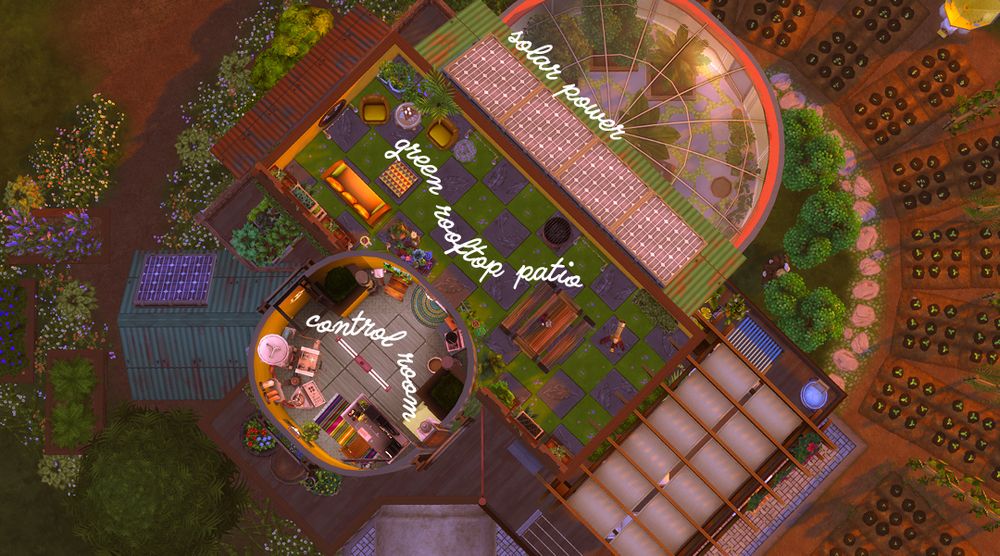An aerial view of the third level floor plan, showing the control room and green roof rooftop patio, as well as solar panels powering the homestead.