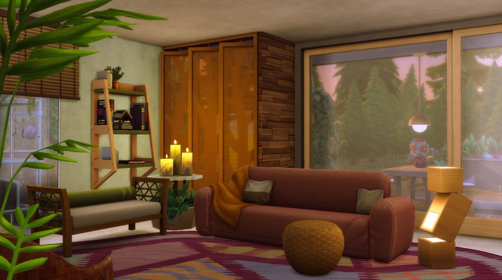 A cozy, warm solarpunk living room decorated with mix-matched secondhand furniture, houseplants, and natural materials.