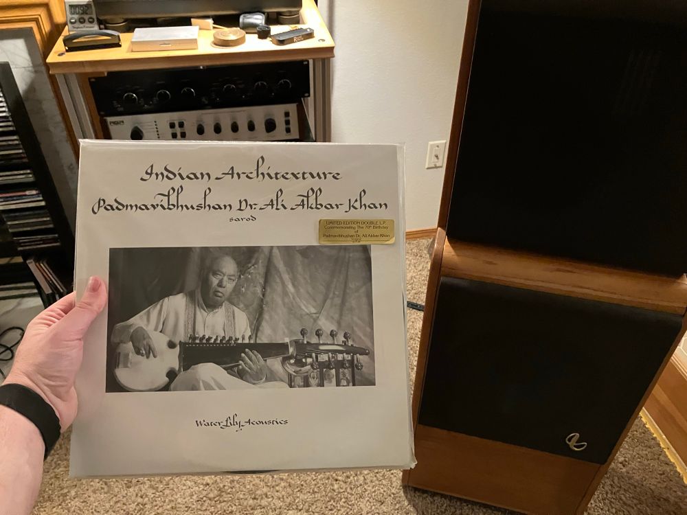 A home hi-fi stereo set plays the album “Indian Architexture” by Ali Akbar Khan