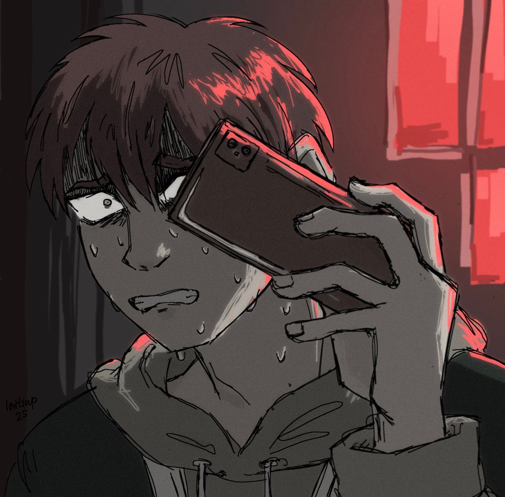 Headshot fanart of Fuuta Kajiyama with muted colours wearing his regular outfit. He is holding up his phone which partially covers his left eye, with a distressed expression and looking towards the viewer. The colours are highly desaturated and the atmosphere is dark, with a subtle noise filter overlaid on the image.
