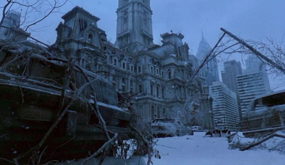 Philadelphia city hall in ruins during winter; a scene from the 1995 film 12 Monkeys