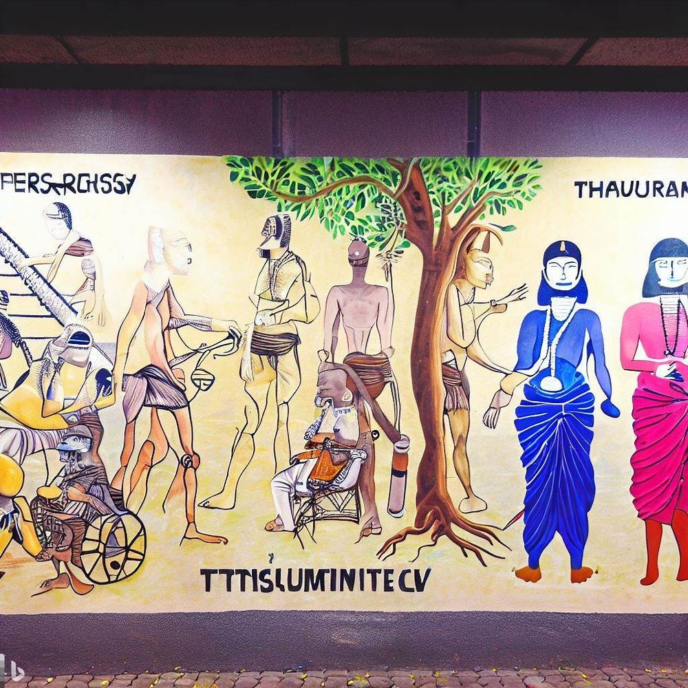 People around a tree two, one in a blue dress and one in red. The rest dressed like maybe Egyptian slaves. In the background, one person climbs a pyramid or stairs