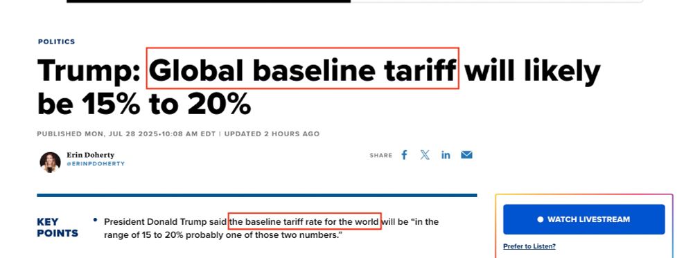 Headline says  "Trump: Global baseline tariff will likely be 15% to 20%"