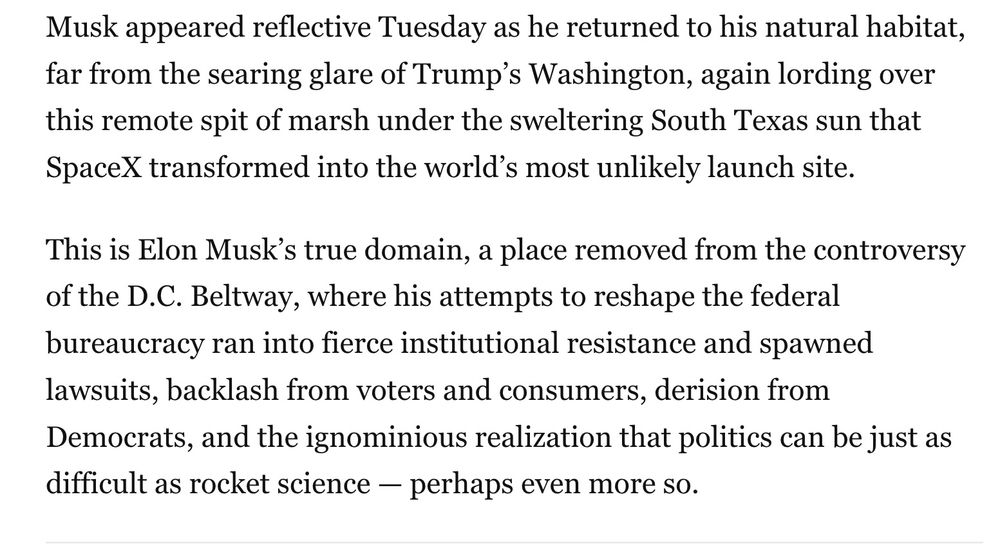 Story about Musk, starting "Musk appeared reflective as he returned to his natural  habitat." 
