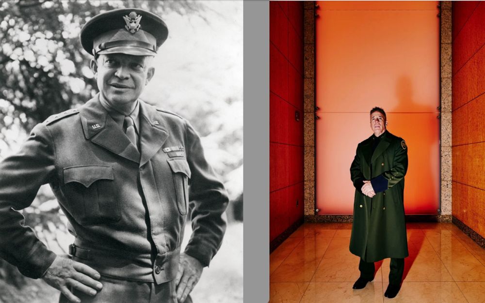 Two photos side by side. One is of Dwight Eisenhower, as commanding general of the allied forces at D-Day. He is wearing a simple jacket, of the kind that became called the "Eisenhower jacket." The other is of the ICE commando for the Chicago raids. He is wearing a long, black, double-breasted coat, with strong "losing side of D-Day" vibes.
