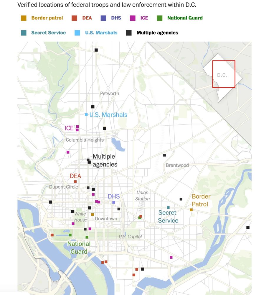 Map of DC showing federal troops mainly in tourist-heavy areas, not crime centers.