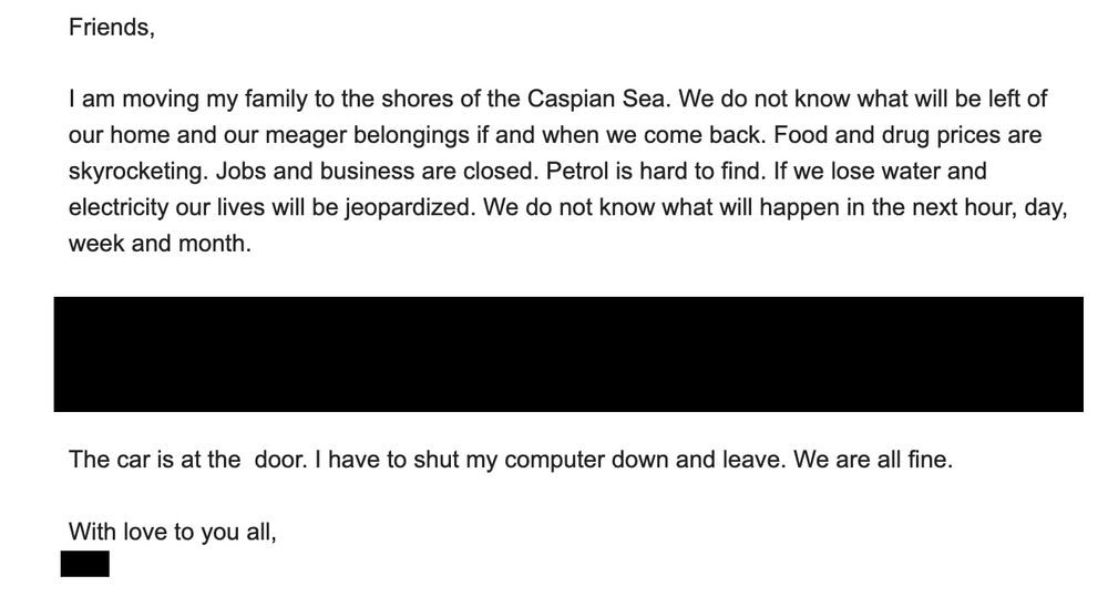 Email saying that a family is evacuating Tehran and doesn't know what will come next.
