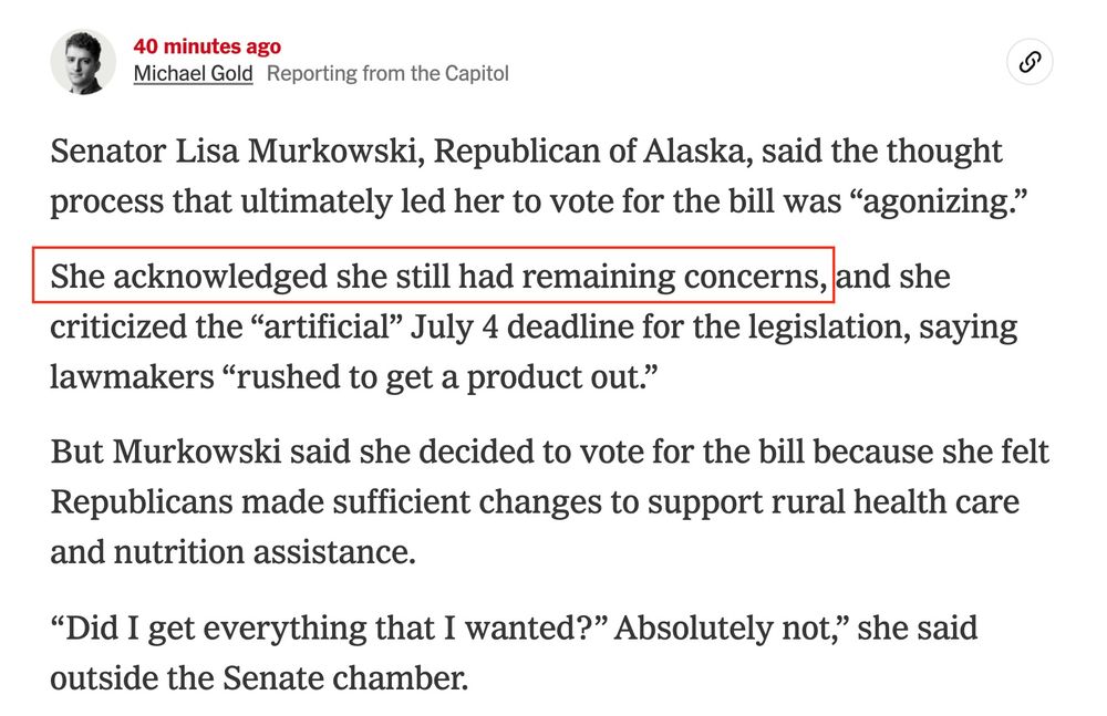 Story saying that Lisa Murkowski "still had remaining concerns" about the Trump tax bill—which she cast the deciding vote in favor of.