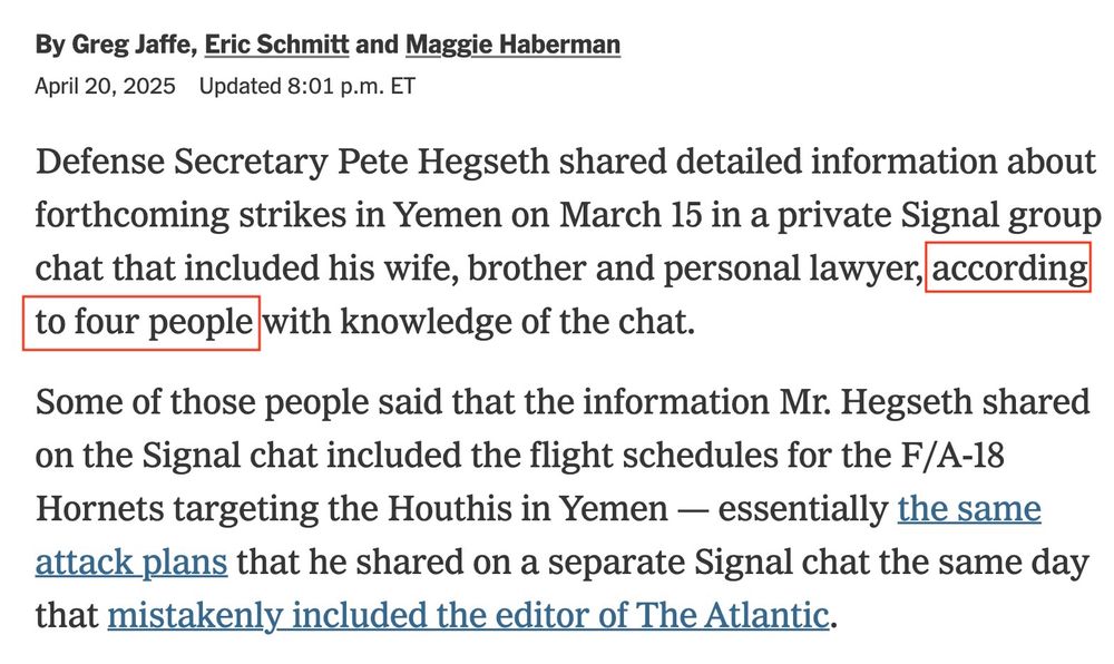 Story on Hegseth leaked Signal file, including line that revelations were 