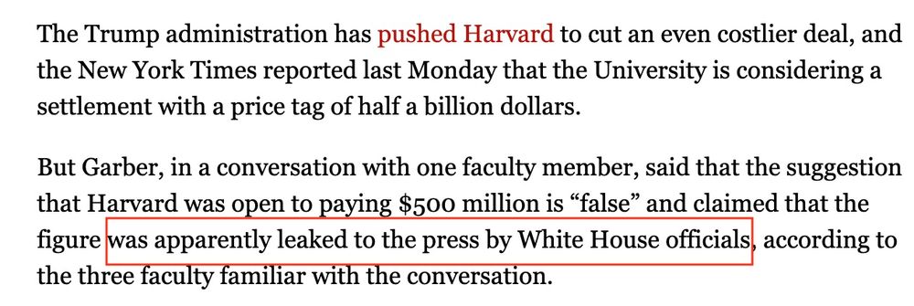 Text of story:  Harvard prez Garber says report of a deal "was apparently leaked to the press by White House officials." NYT ran with it as a story. 