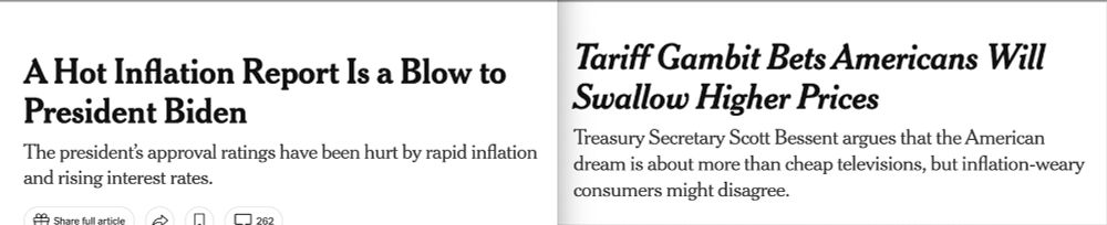 Two headlines, one saying that inflation was a blow for Joe Biden, another saying that Trump bets Americans will swallow higher prices.