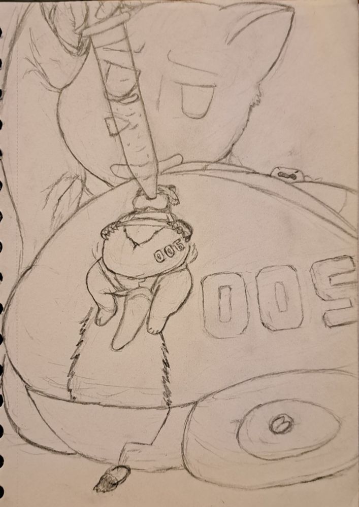 A feline scientist (a felientist, if you will) squeezing the myersious contents of a glass pipette into a micro Maxine(le ferret). She is laying back, holding their swelling stomach while nestled on top of the giant, dough ball-esque figure of the micro Na'tan(coww). Both subjects are labelled with "006" and "005" respectively.