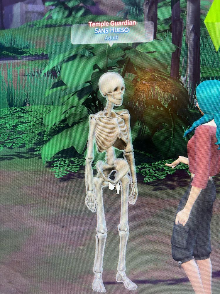 Sims 4 Jungle Adventure temple guardian skeleton named SANS