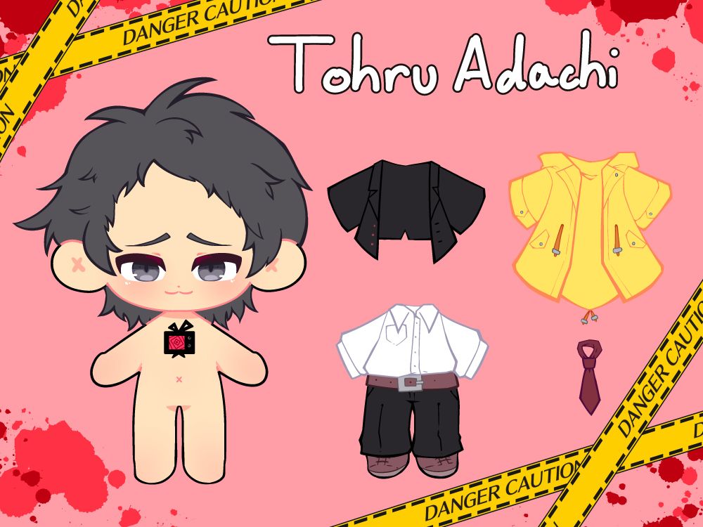 image of a plush design of tohru adachi. has dark grey hair, grey eyes, and a red and black TV on chest. on the right of the plush, there are different outfits. the outfits are: a dress shirt and pants, a blazer, a red tie, and yellow raincoat.