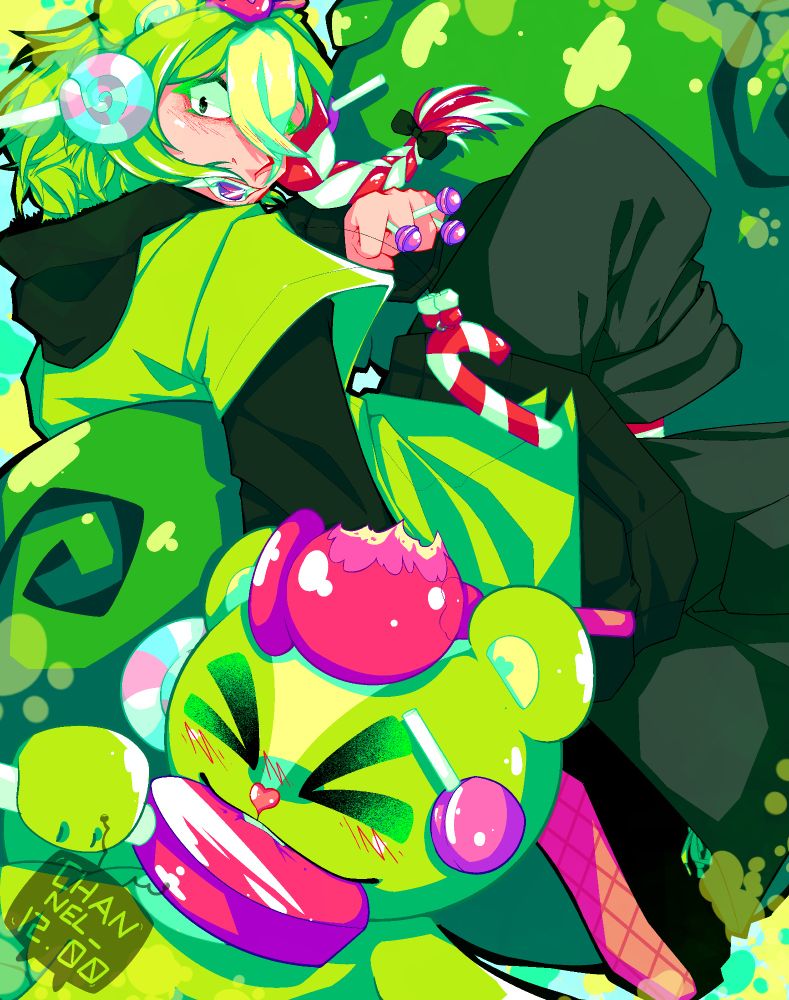 a drawing of a lime green squirrel character next to a lime-haired humanoid character. both wear candies on their heads and are eating pink lollipops. 