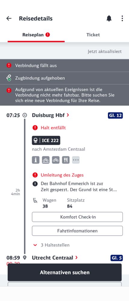 Screenshot DB Navigator 
Duisburg - Utrecht
Zug entfällt 