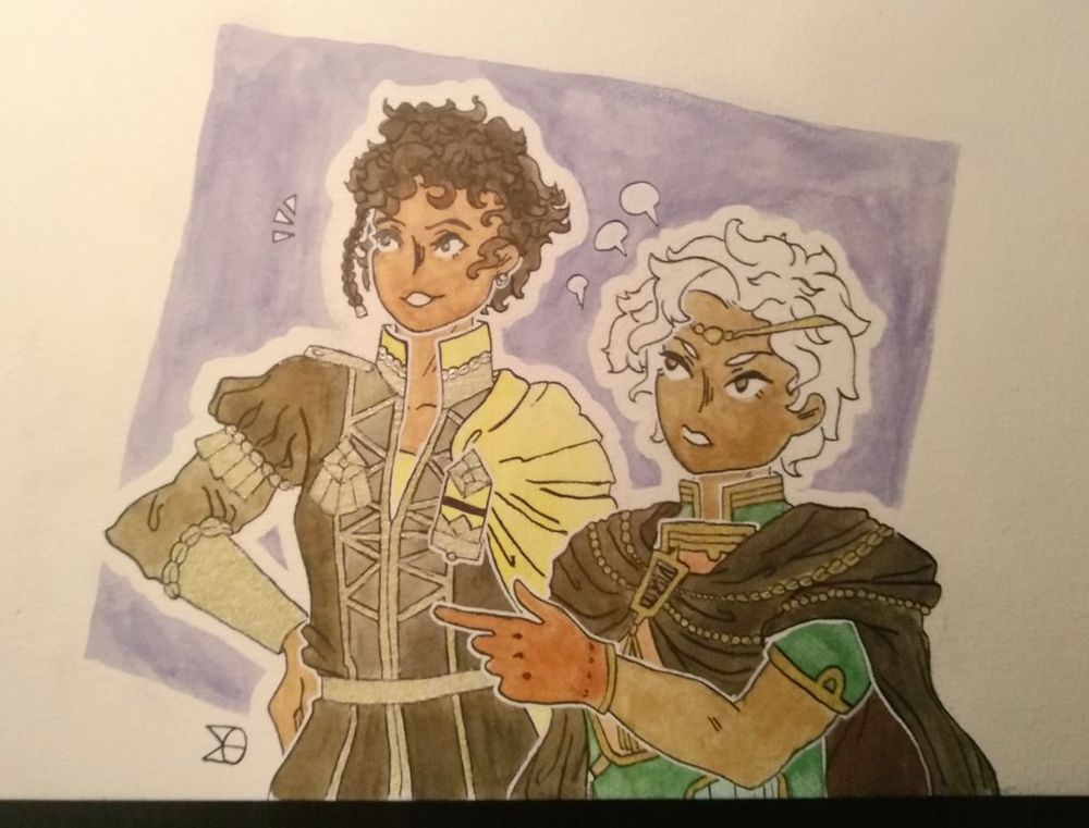Traditional illustration of Claude from Fire Emblem Three Houses and Boey from Fire Emblem Echoes: Shadows of Valentia. They are standing side-by-side, and Boey is pointing something out to Claude. The background has a slightly tilted purple square.