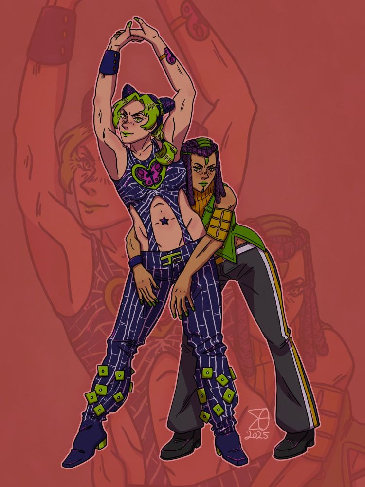 Jolyne Cujoh and Ermes Costello from JoJo's Bizarre Adventure: Stone Ocean. Jolyne has her arms raised up above her head and has a semi-wide stance, her upper body learns to the left slightly. Ermes is standing in a similar wide stance diagonally behind her, leaning into the right side of Jolyne's back with her arms casually slung around her hips. Both look at the viewer - Jolyne has a confident smile and Ermes a slight scowl. The background is a closeup of the illustration, overlaid with a reddish pink.