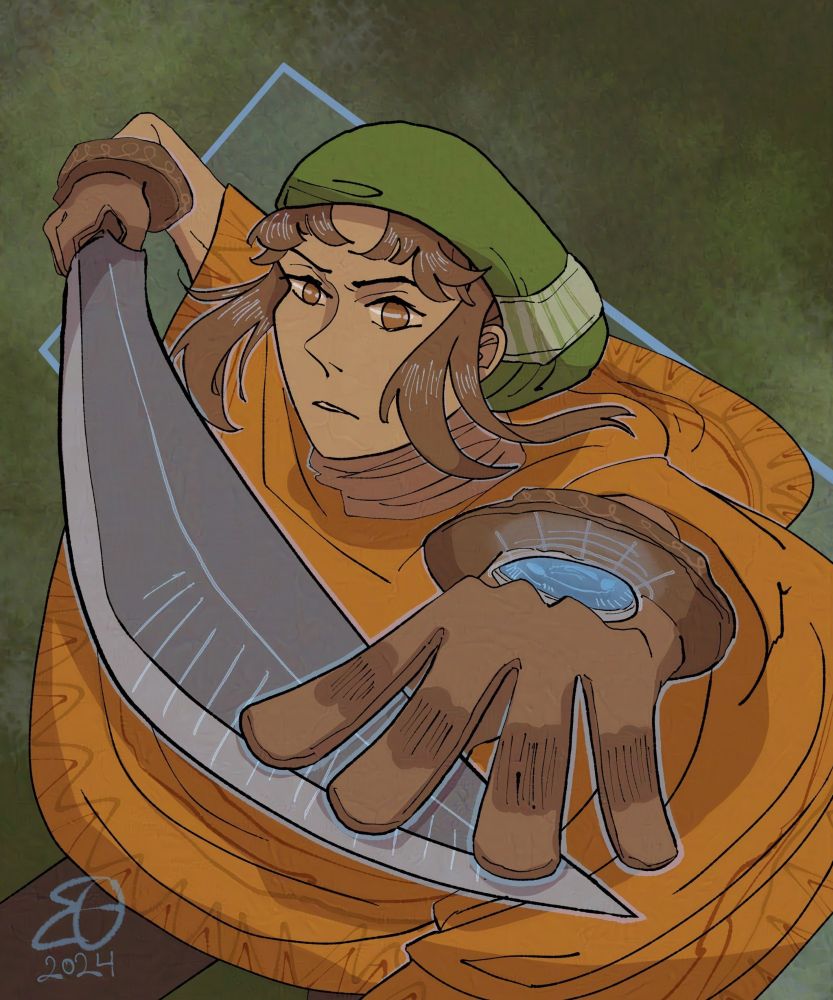 Digital illustration of Toan from Dark Cloud. He is looking and facing forward, a serious expression on his face as he brandishes his dagger in his right hand, with his left hand forward along the tip of the blade. The jewel on his glove shines.