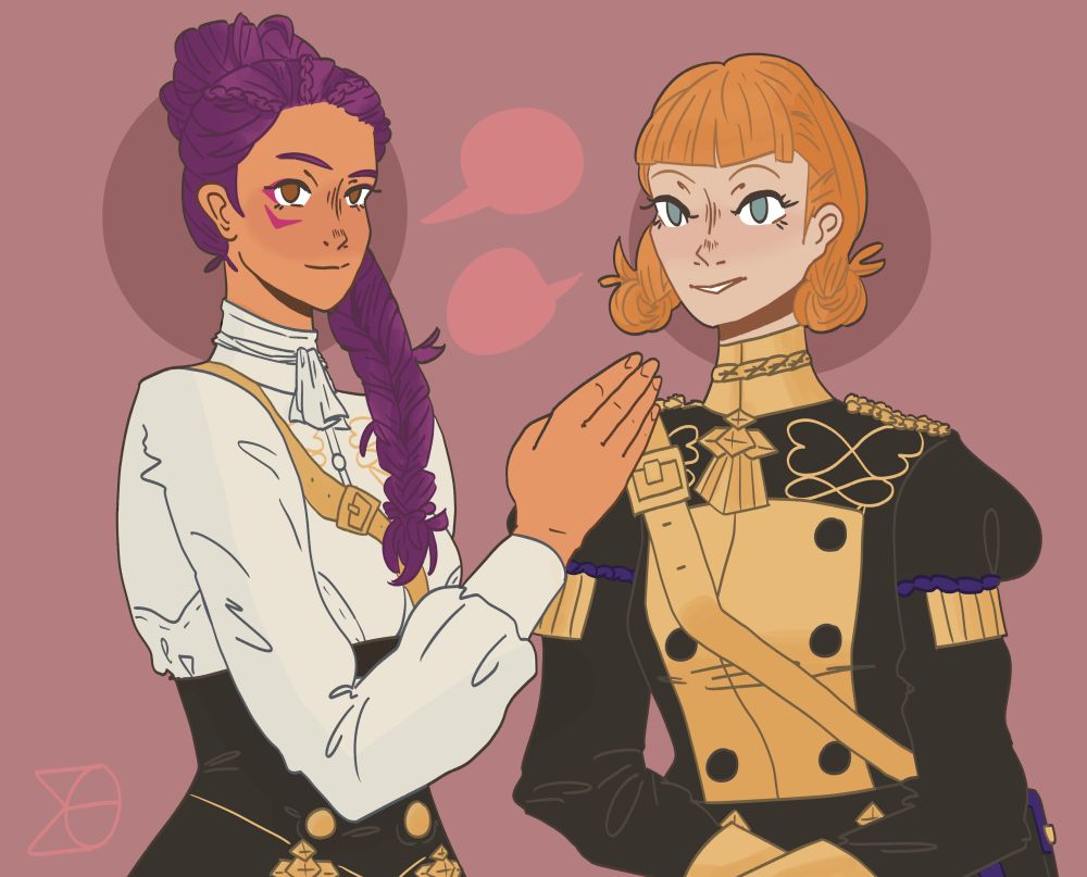 Digital illustration of Petra and Annette from Fire Emblem: Three Houses, in their academy outfits. they are slightly turned towards eachother. Petra has her hand up as if she's about to whisper something into Annette's ear, and both are looking curiously and happily at the viewer.