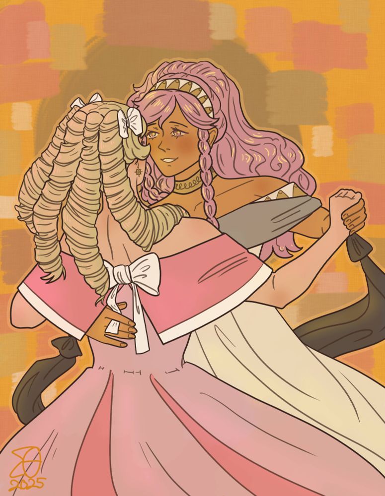 Digital illustration of Olivia and Maribelle from Fire Emblem Awakening. They are dressed in flowy dresses designed based on their original outfits and are dancing together. Maribelle is seen from the back and Olivia from the front, facing her and smiling softly. Olivia is leading the dance. The background consists of a patchwork of browns, pinks and oranges.