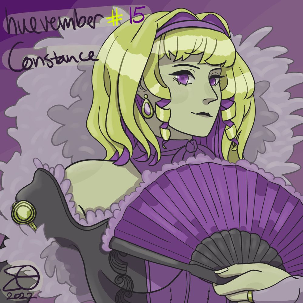 Digital drawing of Constance from Fire Emblem Three Houses and Fire Emblem Three Hopes, using shades of purple and yellow