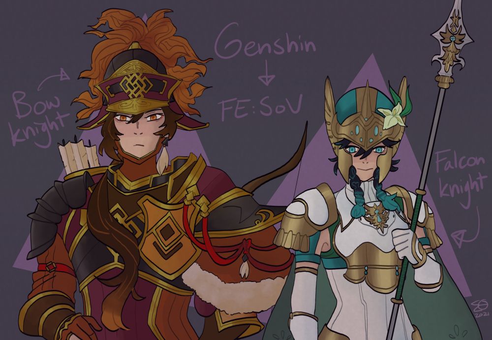 Zhongli and Venti from Genshin Impact in the Bow Knight and Falcon Knight class outfits from Fire Emblem: SoV. They are standing side-by-side and looking towards the viewer.
