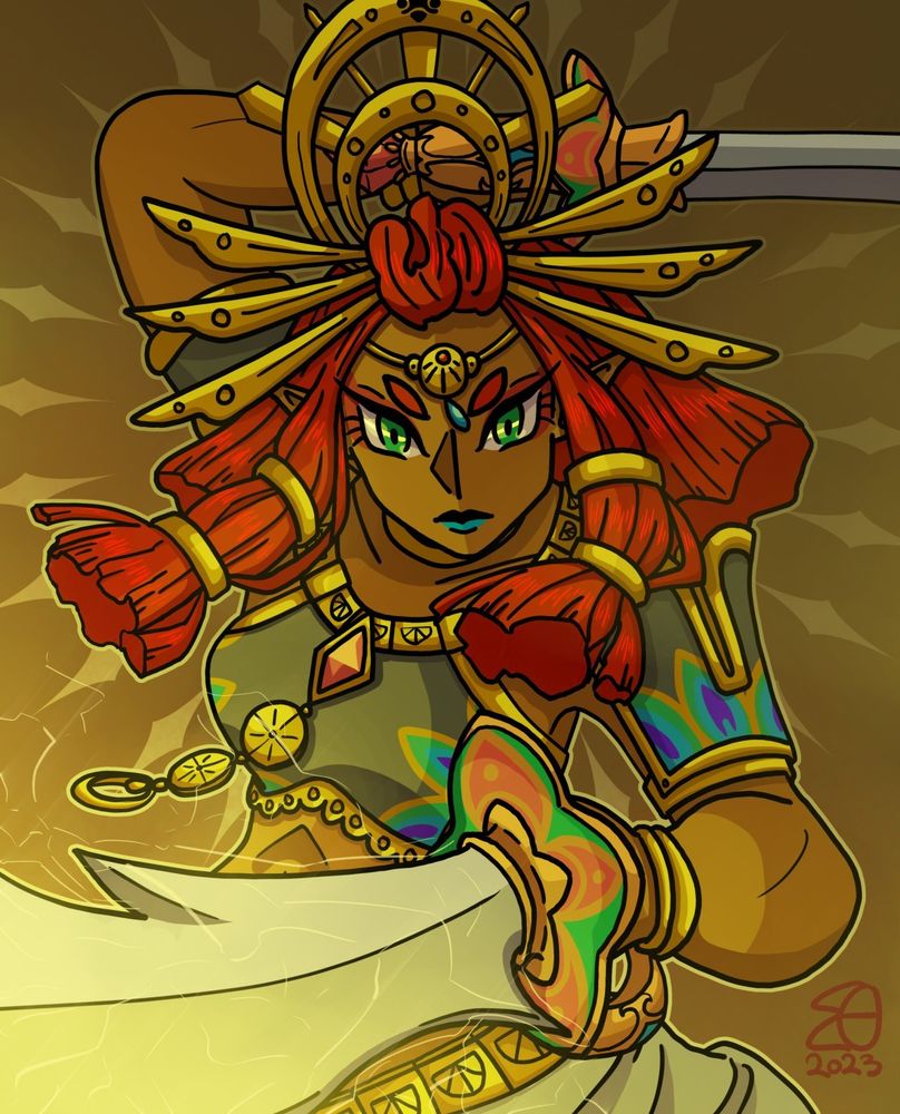 Digital drawing of Riju from the Legend of Zelda: Tears of the Kingdom. She is facing the viewer, wielding her two blades. One is held horizontally  above and behind her head in her right hand, the other is held towards the viewer in her left hand, surrounded by electric energy.