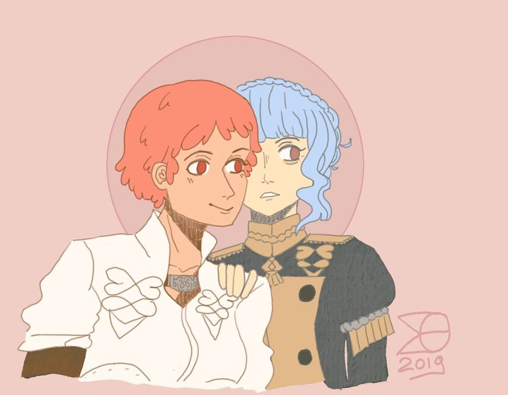 Image of Leonie and Marianne from Fire Emblem Three Houses. Marianne is whispering in Leonie's ear