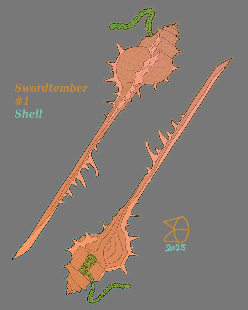 Illustration for Swordtember 2025. A sword shaped like a long spiky murex shell, with a handle wrapped in a long piece of seaweed. It shows two sides of the sword, one where you can look into the shell and another that shows the spiny outside.
