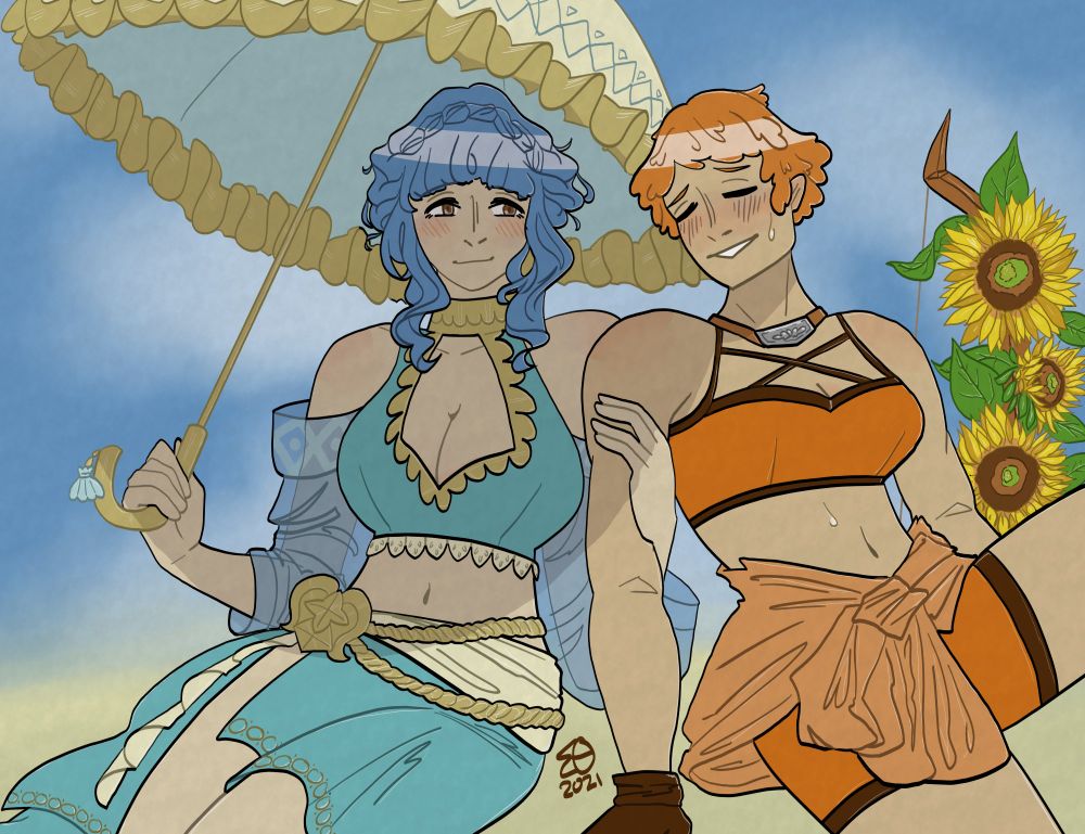 Illustration of Marianne and Leonie from Fire Emblem Three Houses in their FE:Heroes summer outfits. Leonie is leaning into Marianne, Marianne has her hand around Leonie's arm. The background shows a yellow-blue gradient reminiscent of a beach with soft white clouds.
