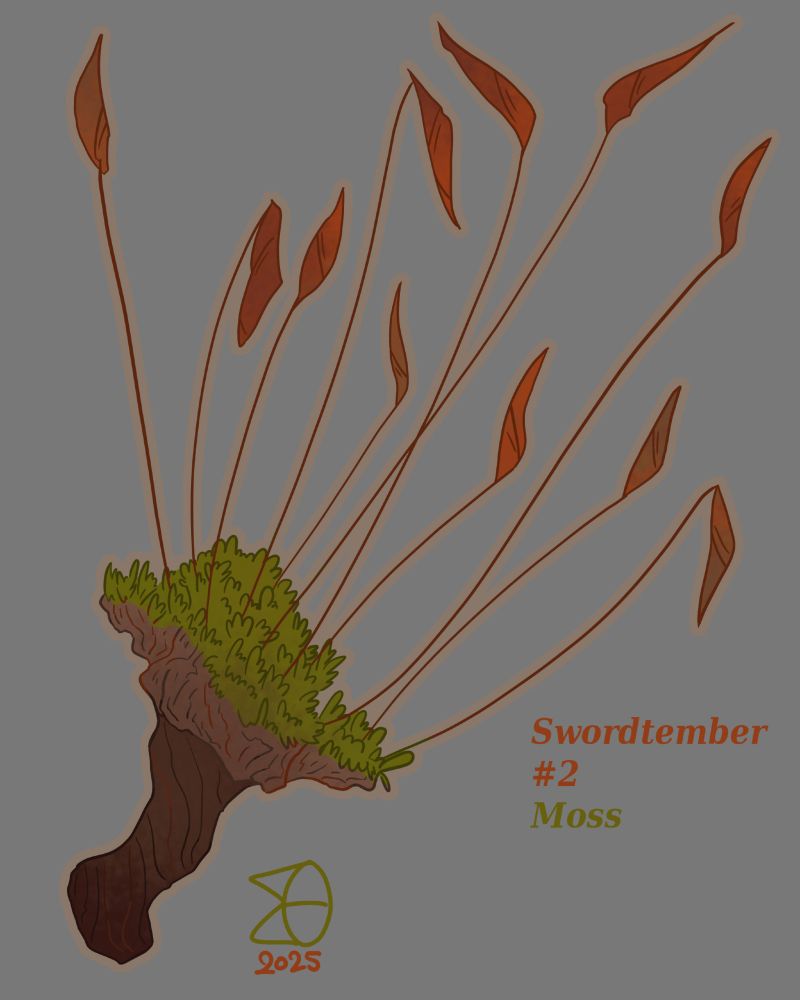 Illustration for Swordtember 2025. A sword shaped like a clump of moss with a dirt handle and several blades of blooming moss.