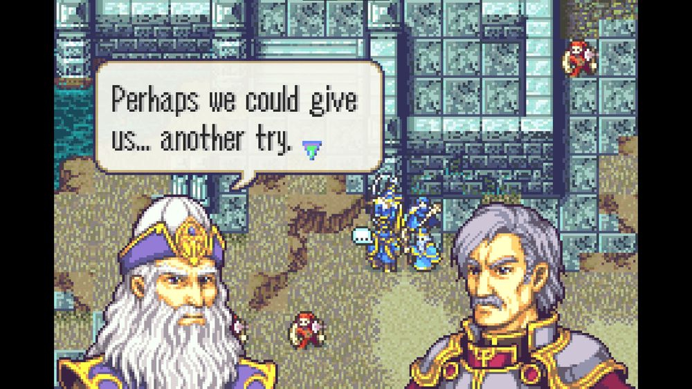 Screenshot of Nomah and Mycen's A support conversation. Nomah speaks: "Perhaps we could give us... another try."