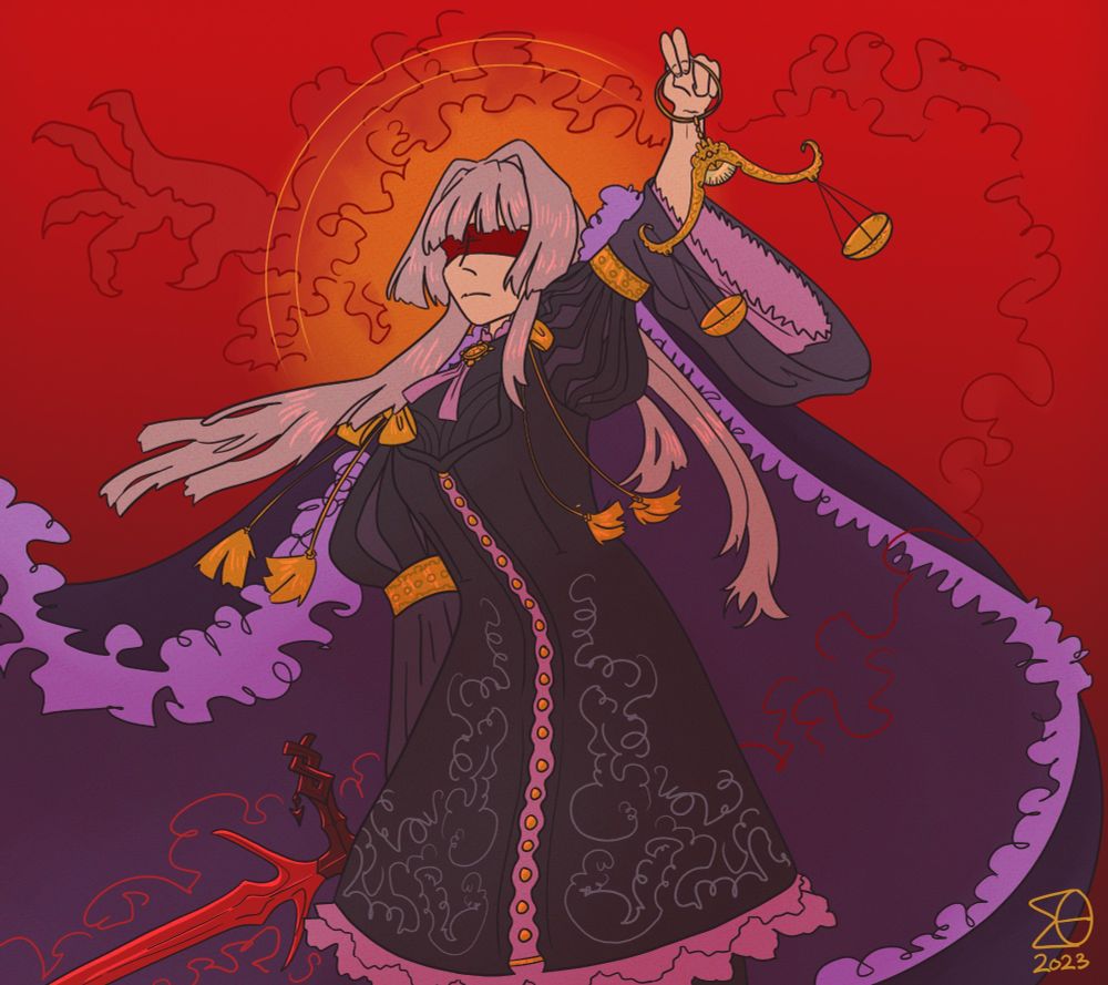 Digital drawing of Dikke from Reverse 1999. She wears a dark red blindfold and her heavy cape billows up behind her. She holds her sword at her side in her right hand and holds her scales up in her left hand.