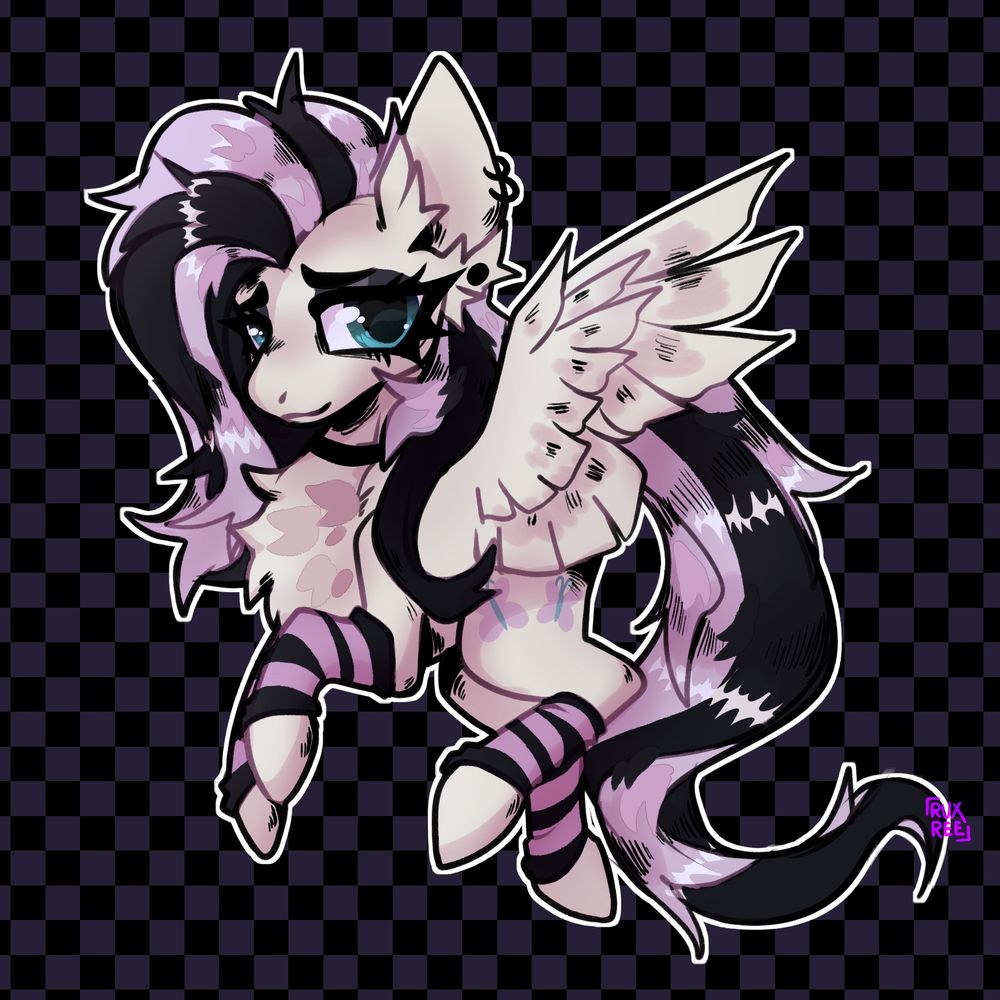 Fluttershy from the cartoon called "My little pony: friendship is magic: being in a flying pose while being dressed in a typical "emo" fashion style.
