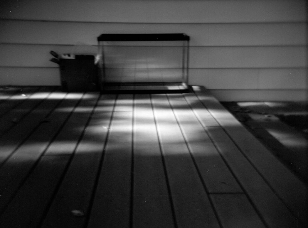 An empty aquarium and a cardboard box sit outside on a deck next to a wall. The light is varied and the image is a little blurry.